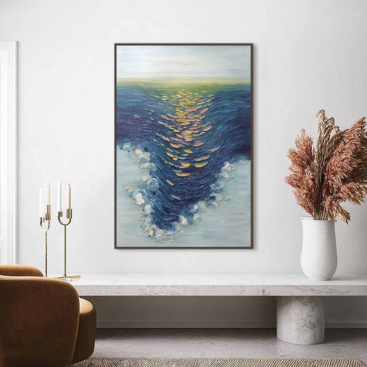 Coastal Glow hand-painted gold and ivory textured sunset seascape painting shown as stretched canvas