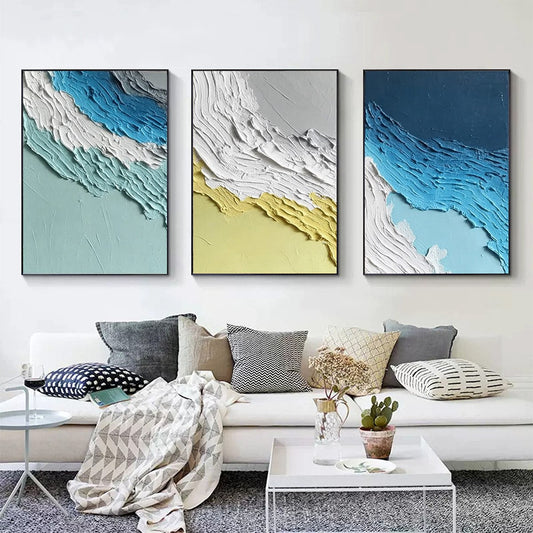 Coastal Rhythm hand-painted sand and ocean blue textured coastal abstract painting shown as stretched canvas