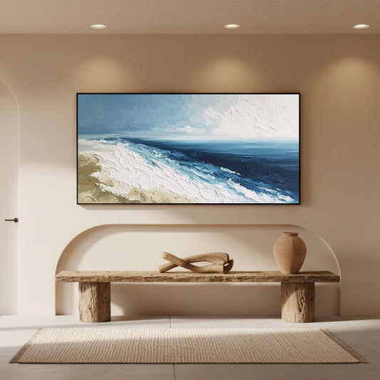 Coastal Serenity hand-painted ocean blue and ivory textured seascape painting shown as stretched canvas