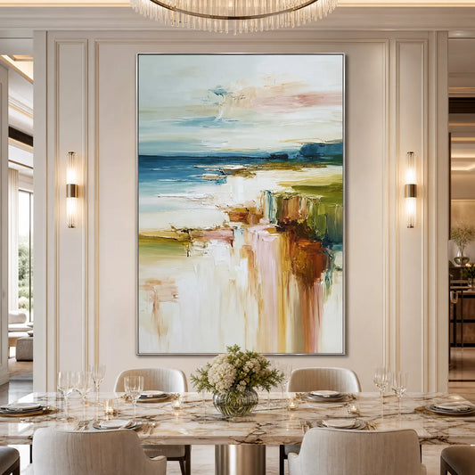 Coastal Serenity hand-painted blush pink and ivory textured coastal landscape painting shown as stretched canvas