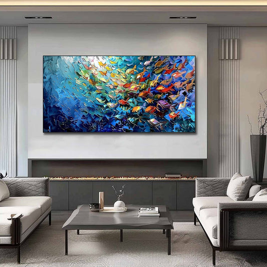 Coral Rush hand-painted coral and ivory textured school of fish painting shown as stretched canvas