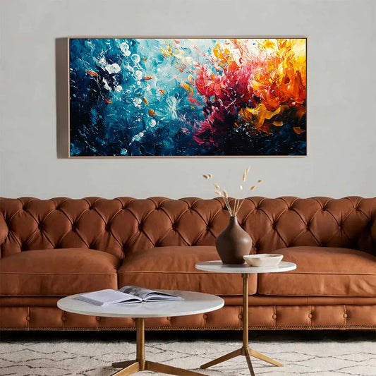 Coral Reef hand-painted coral and ivory textured coastal abstract painting shown as stretched canvas
