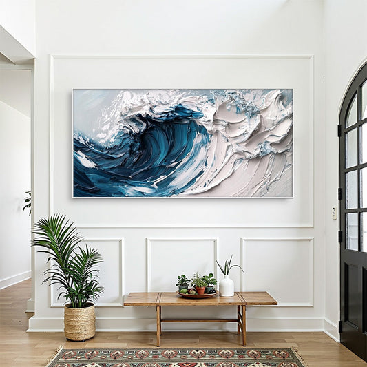 Crashing Wave hand-painted white and ocean blue textured ocean wave painting shown as stretched canvas