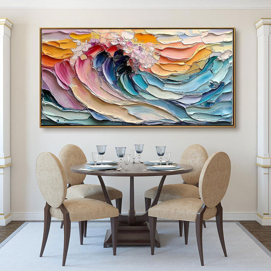 Cresting Wave hand-painted ocean blue, ivory and soft neutral tones textured ocean wave painting shown as stretched canvas