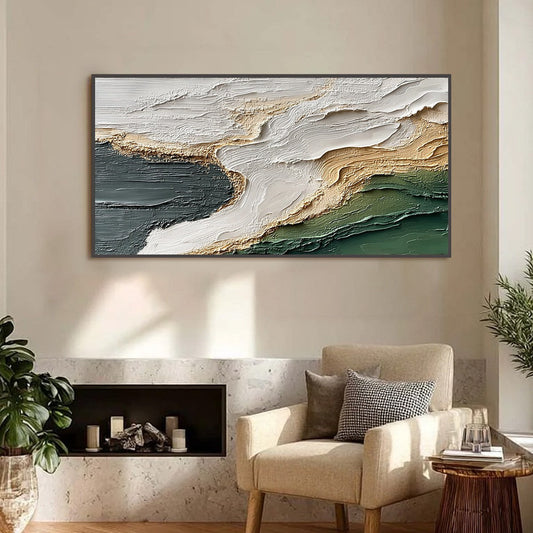 Earthen Tide hand-painted ocean blue, ivory and soft neutral tones textured ocean wave painting shown as stretched canvas