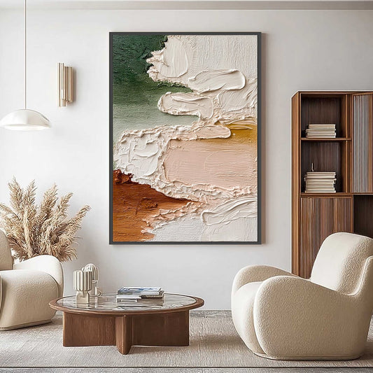 Earthen Veil hand-painted blush pink and terracotta textured coastal landscape painting shown as stretched canvas