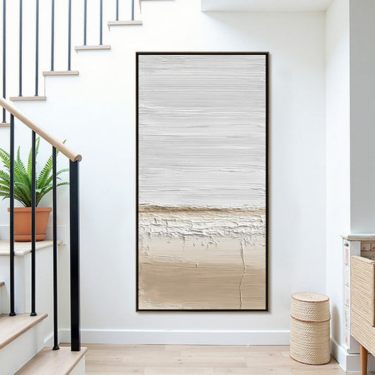 Earthen Horizon hand-painted white and beige textured coastal landscape painting shown as stretched canvas