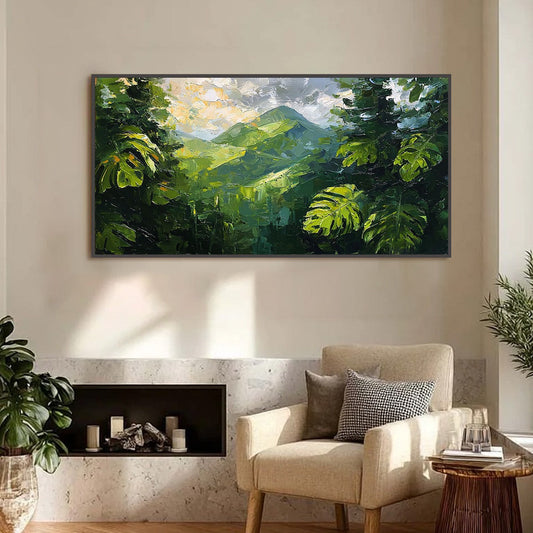 Emerald Escape hand-painted emerald green and ivory textured mountain valley painting shown as stretched canvas