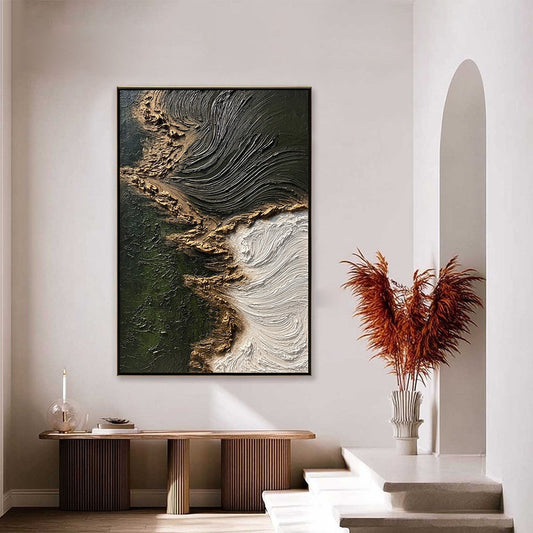 Emerald Shore hand-painted white, emerald green and gold textured coastal abstract painting shown as stretched canvas