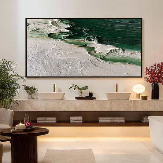 Emerald Tide hand-painted white and emerald green textured ocean wave painting shown as stretched canvas