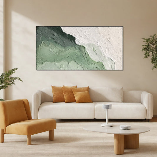 Emerald Flow hand-painted white and emerald green textured coastal abstract painting shown as stretched canvas
