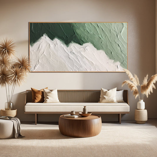 Emerald Peaks hand-painted white and emerald green textured coastal landscape painting shown as stretched canvas