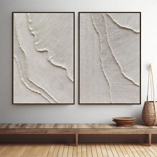 Etched In Stone hand-painted white and soft beige textured ocean wave painting shown as stretched canvas