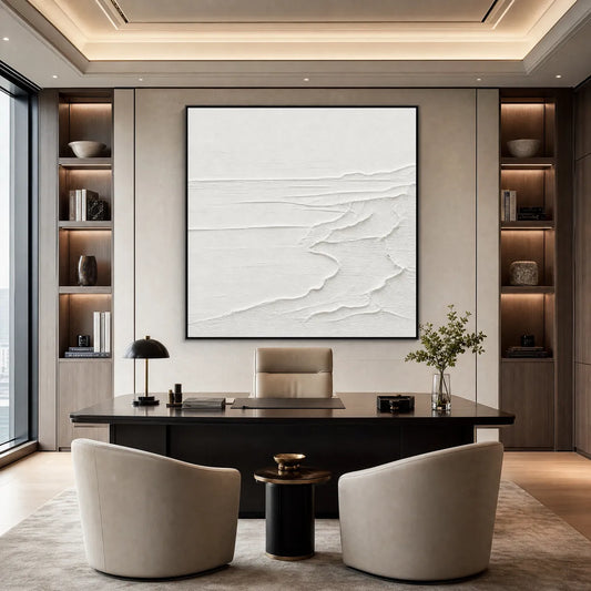 Eternal Shore hand-painted white and soft beige textured ocean wave painting shown as stretched canvas