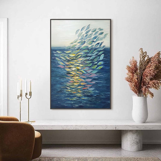 Ethereal Flow hand-painted ocean blue, green, yellow and pink textured coastal abstract painting shown as stretched canvas
