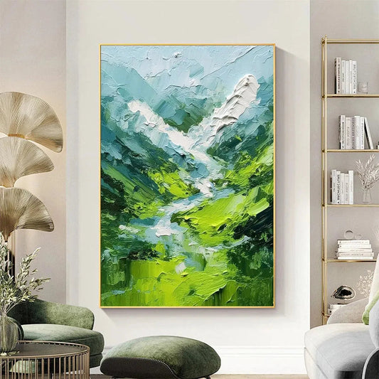 Emerald Valley hand-painted emerald green and ivory textured abstract mountain painting shown as stretched canvas