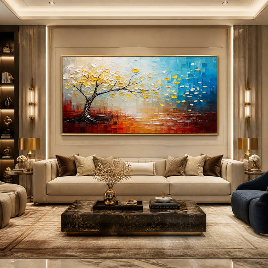 Festival Tree hand-painted ocean blue and ivory textured tree painting