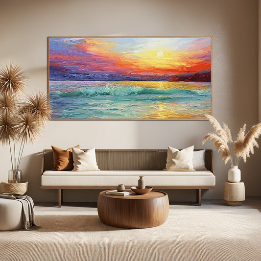 Fiery Kiss hand-painted ocean blue, ivory and soft neutral tones textured sunset seascape painting shown as stretched canvas