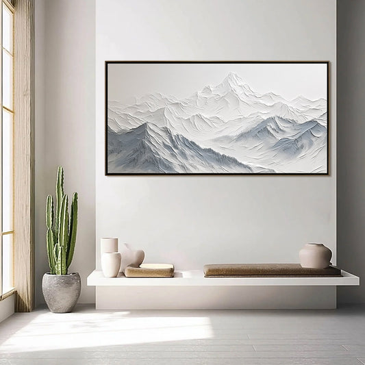 Frozen Peaks hand-painted white and soft grey textured abstract mountain painting shown as stretched canvas