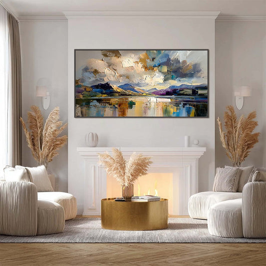 Golden Mirror hand-painted gold and ivory textured coastal landscape painting shown as stretched canvas