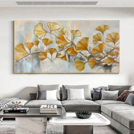 Golden Ginkgo hand-painted gold and ivory textured botanical painting shown as stretched canvas
