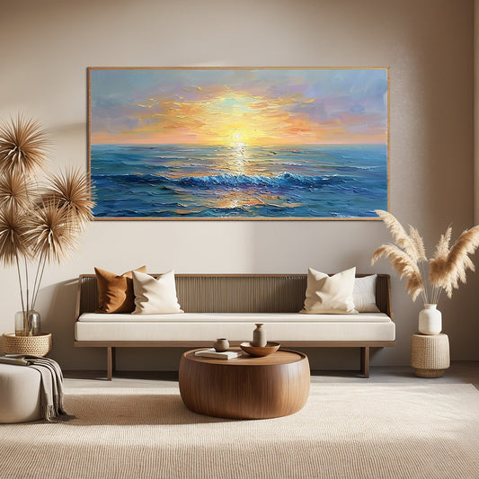 Golden Horizon hand-painted gold and ivory textured sunset seascape painting shown as stretched canvas