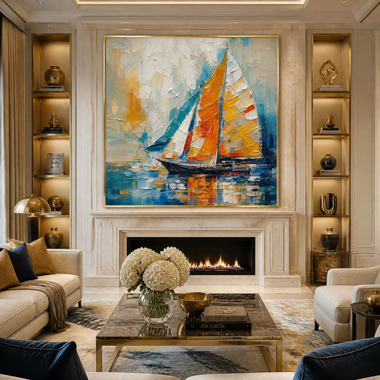 Harbor Carnival hand-painted ocean blue, ivory and soft neutral tones textured sailboat seascape painting