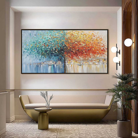 Harbor of Hues hand-painted crimson, golden yellow, turquoise and violet textured coastal landscape painting shown as stretched canvas