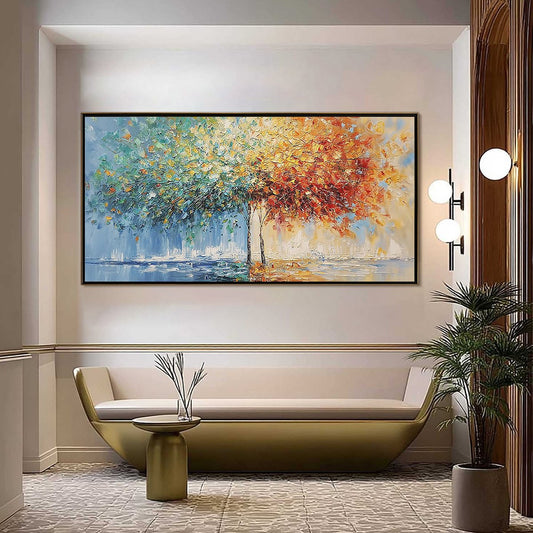 Harmony in Transition hand-painted crimson, golden yellow, turquoise and violet textured tree painting shown as stretched canvas