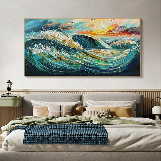 Oceanic Pulse hand-painted teal, gold and coral textured seascape painting shown as stretched canvas