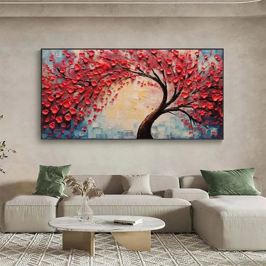 Heart Tree hand-painted red and ivory textured tree painting shown as stretched canvas
