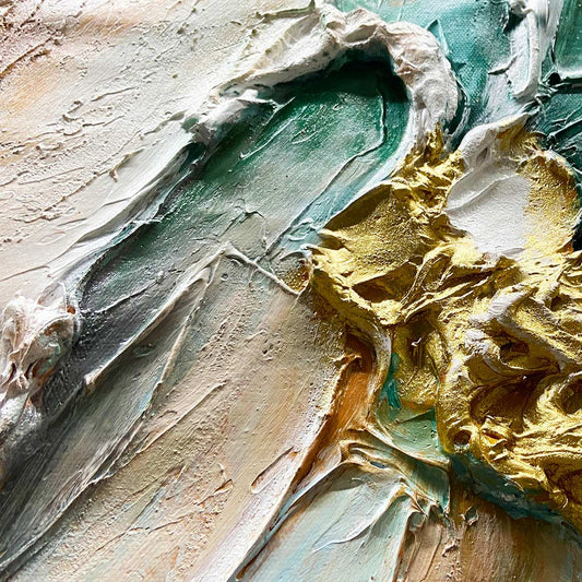 Jade Aurora hand-painted white, green and gold textured coastal abstract painting shown as stretched canvas