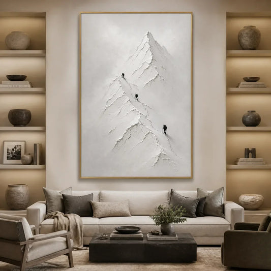 Silent Alpine Relief hand-painted white and soft beige textured abstract mountain painting shown as stretched canvas