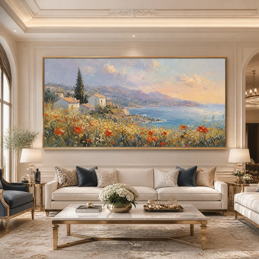 Lemon Coast hand-painted ocean blue, ivory and soft neutral tones textured coastal landscape painting