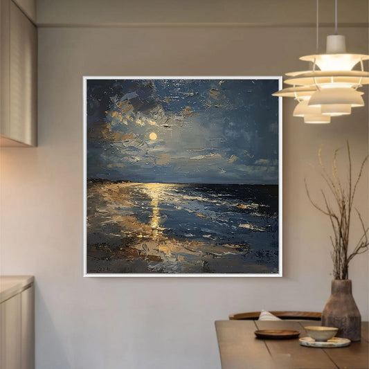 Moonlit Serenity hand-painted ocean blue and ivory textured sunset seascape painting shown as stretched canvas