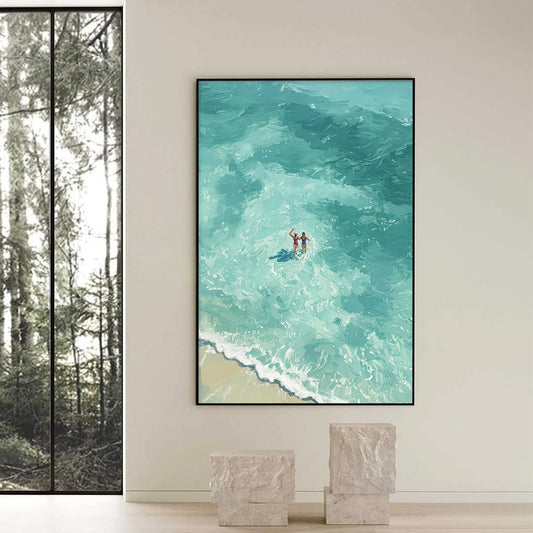 Ocean Embrace hand-painted turquoise and ivory textured beach scene painting shown as stretched canvas