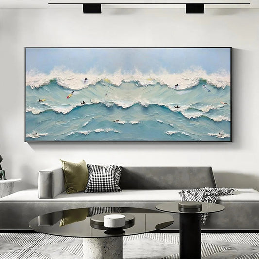 Ocean's Heartbeat hand-painted ocean blue, ivory and soft neutral tones textured surfer ocean painting shown as stretched canvas