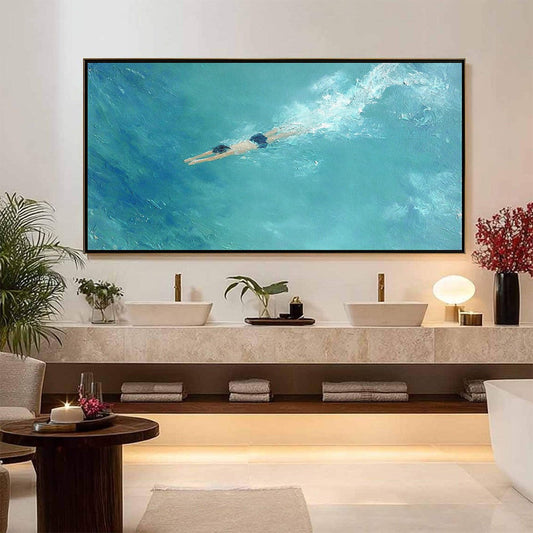 Ocean Dive hand-painted turquoise and teal textured beach scene painting shown as stretched canvas
