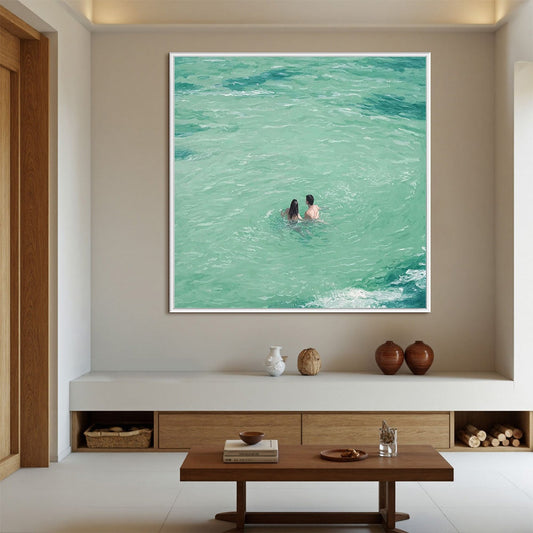 Ocean Embrace hand-painted turquoise and ivory textured beach scene painting shown as stretched canvas
