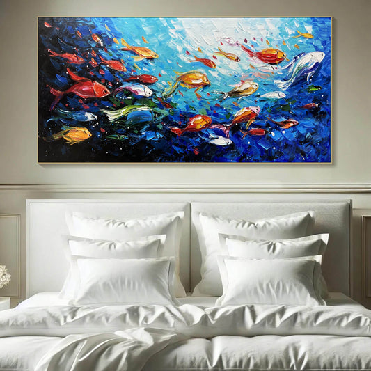 Ocean's Jewels hand-painted ocean blue, ivory and soft neutral tones textured school of fish painting shown as stretched canvas
