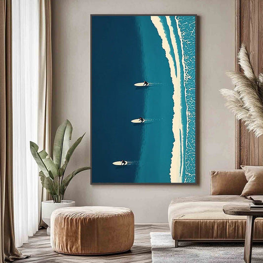 Ocean's Three hand-painted white and teal textured surfer ocean painting shown as stretched canvas