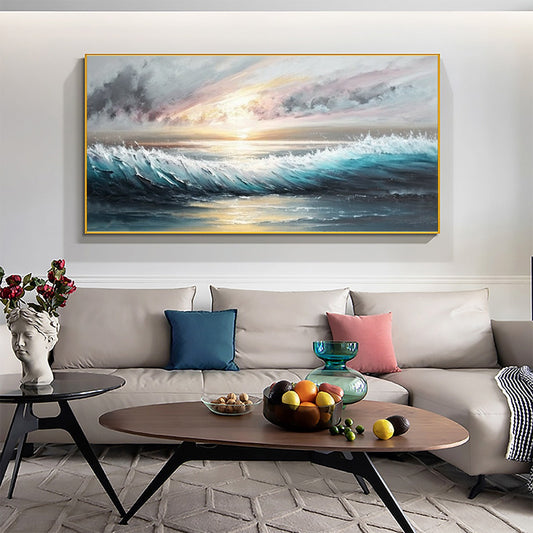 Dusk Tide hand-painted ocean blue, ivory and soft neutral tones textured sunset seascape painting shown as stretched canvas