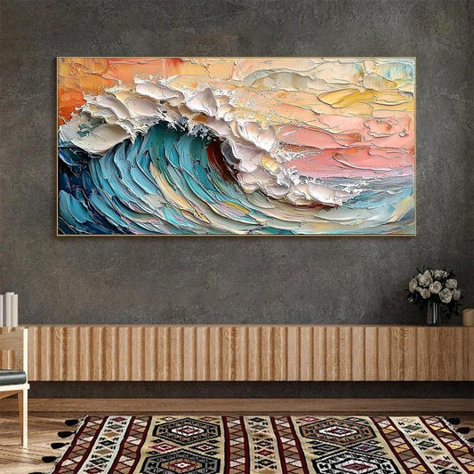 Ocean's Embrace hand-painted ocean blue, ivory and soft neutral tones textured ocean wave painting shown as stretched canvas