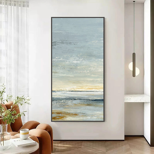 Quiet Horizon hand-painted beige, soft grey, ocean blue and gold textured coastal abstract painting shown as stretched canvas