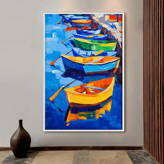 Rainbow Harbor hand-painted ocean blue, ivory and soft neutral tones textured seascape painting shown as stretched canvas