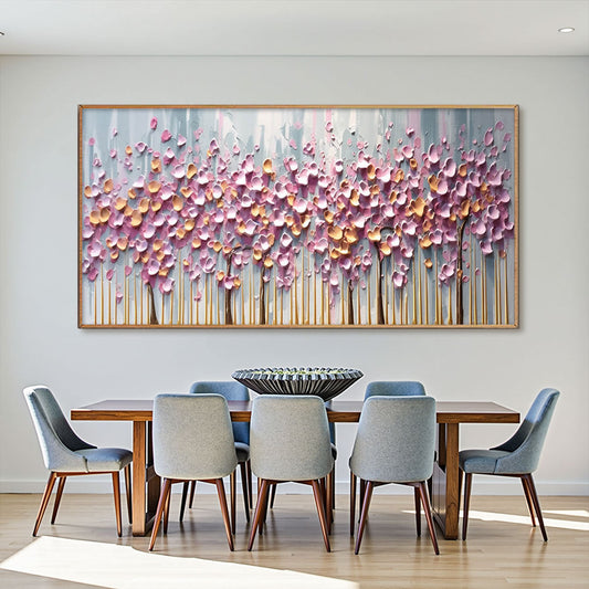 Rosewood Dawn hand-painted gold and pink textured blossom tree painting shown as stretched canvas