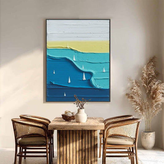 Sailboat Serenity hand-painted white and azure blue textured sailboat seascape painting shown as stretched canvas