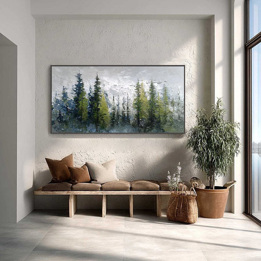 Silent Sentinels hand-painted forest green, soft grey and warm earth tones textured forest landscape painting shown as stretched canvas