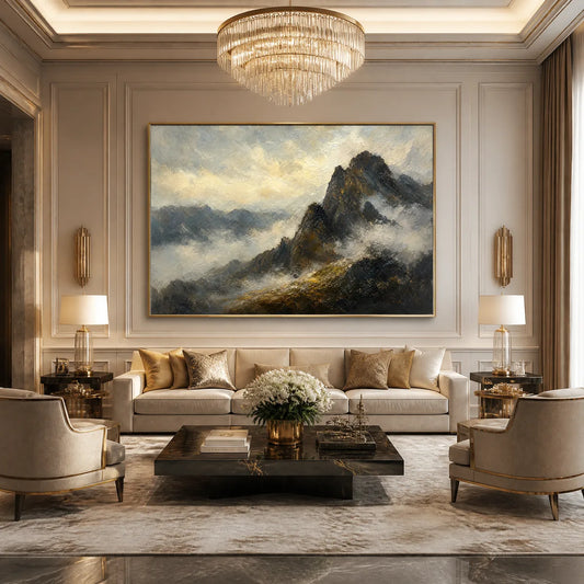 Silver Ridge hand-painted slate blue, ivory and soft grey textured mountain landscape painting