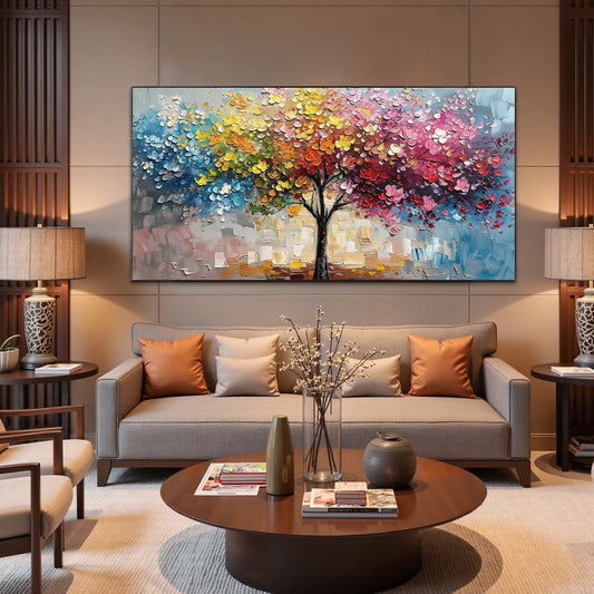 Spectrum of Joy hand-painted crimson, golden yellow, turquoise and violet textured tree painting shown as stretched canvas